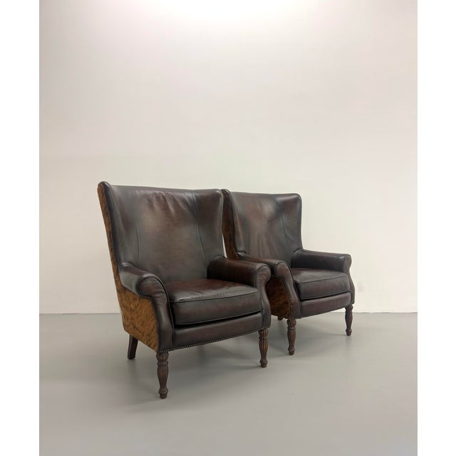Animal Skin Vintage Bernhardt Leather and Cowhide Wingback Chairs - Pair For Sale - Image 7 of 8