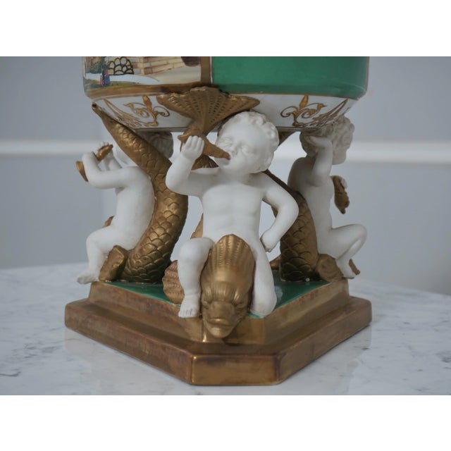 Pair French Style Lidded Urns W. Cherub Bases For Sale - Image 4 of 11