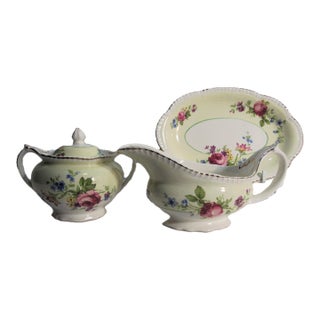 Vintage Woods Ivory Ware of England Gravy Boat, Liner and Sugar Bowl With Lid- 3 Pieces For Sale