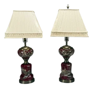 Neoclassical, Cranberry Glass, Decoupage Cherub Table Lamps, Usa, 1930s