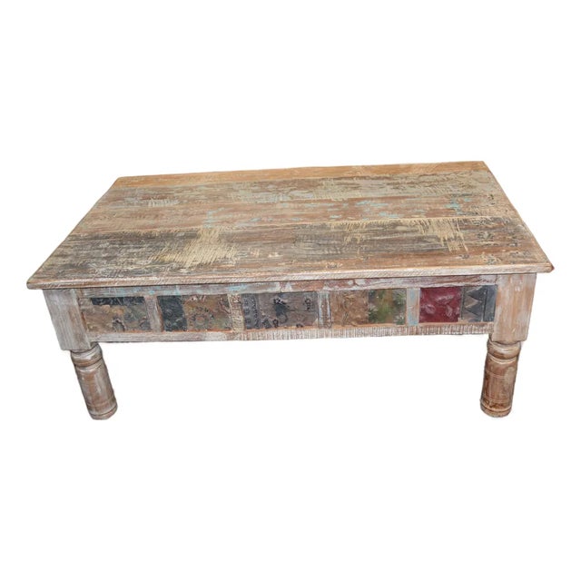 1980s Rustic Carved Panel Tan Wood Coffee Table W/ Aqua / Brown Bleached Indian For Sale