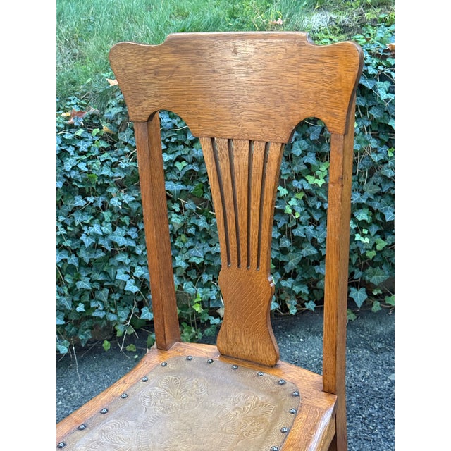 Antique Quarter-Sawn Oak Dining Chairs With Embossed Leather Seats - Set of 4 For Sale - Image 10 of 12