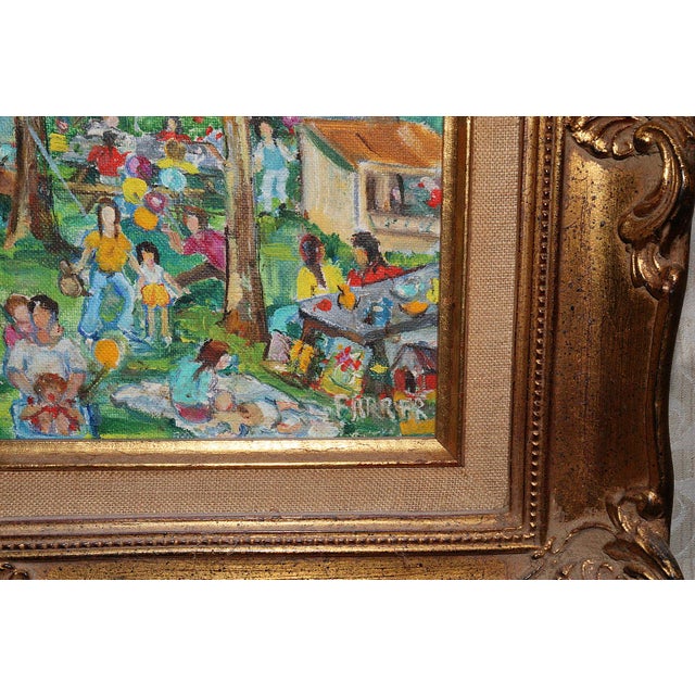 Circa 1940 to 1950 or so, lovely 8x10 oil on board signed "Farrfr". Pretty and intricate scene of a picnic or fair....