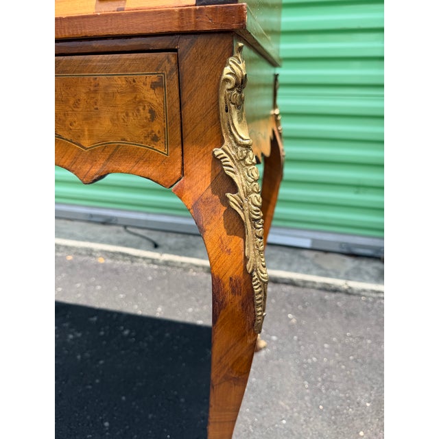 1970s French Louis XV Style Burl Wood Cylinder Roll Top Writing Desk With Brass Gallery and Ormolu Mounts For Sale - Image 11 of 12