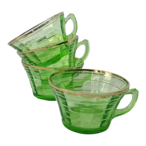 Early 20th Century Uranium Glass 4 Transparent Green Tea Cups With Gold Rim
