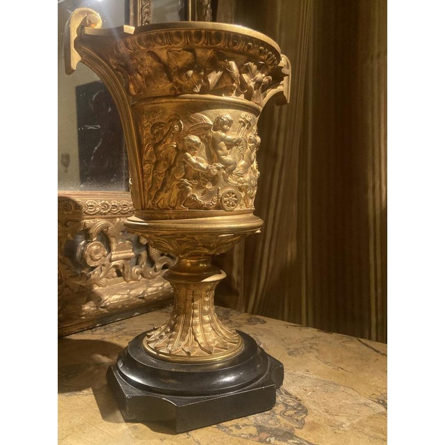 French 18th Century Louis XVI Ormolu Vases with Handles and Relief Putto on Black Belgian Marble Bases, Set of 2 For Sale - Image 4 of 18