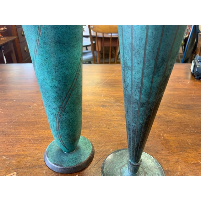 Art Deco 20th Century Art Deco Copper Verdigris Vase Set For Sale - Image 3 of 8