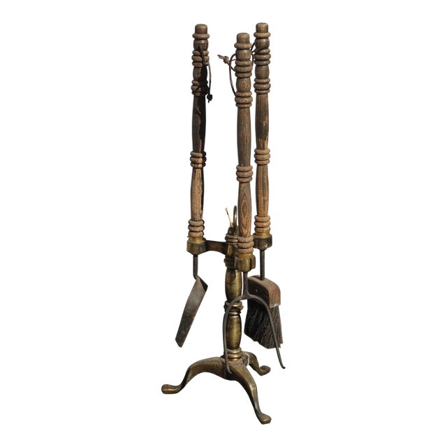Vintage French Country Fireplace Tools W Wood Handles Set of Three For Sale