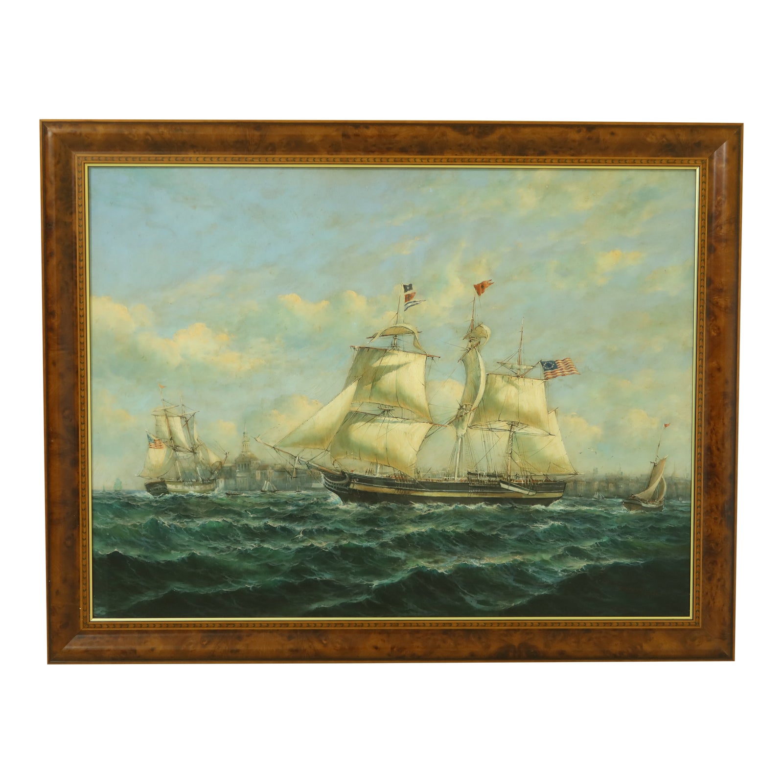 Robert Sanders Ship Oil Painting on Canvas in Burl Frame Chairish
