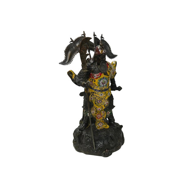 1990s Vintage Cloisonne Yellow Enamel General Guan Yu Warrior Metal Statue For Sale - Image 5 of 18