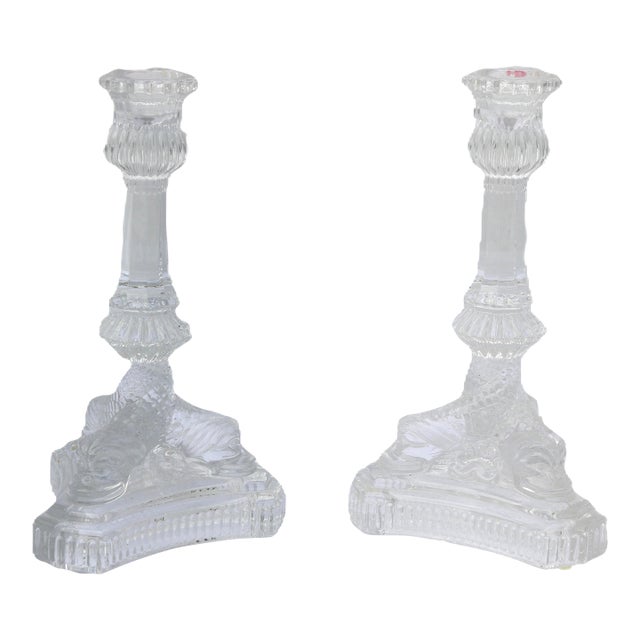Tiffany & Co. Clear Crystal Candlesticks With Dolphin Motif-a Pair For Sale