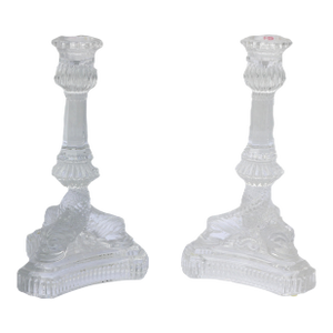 Tiffany & Co. Clear Crystal Candlesticks With Dolphin Motif-a Pair