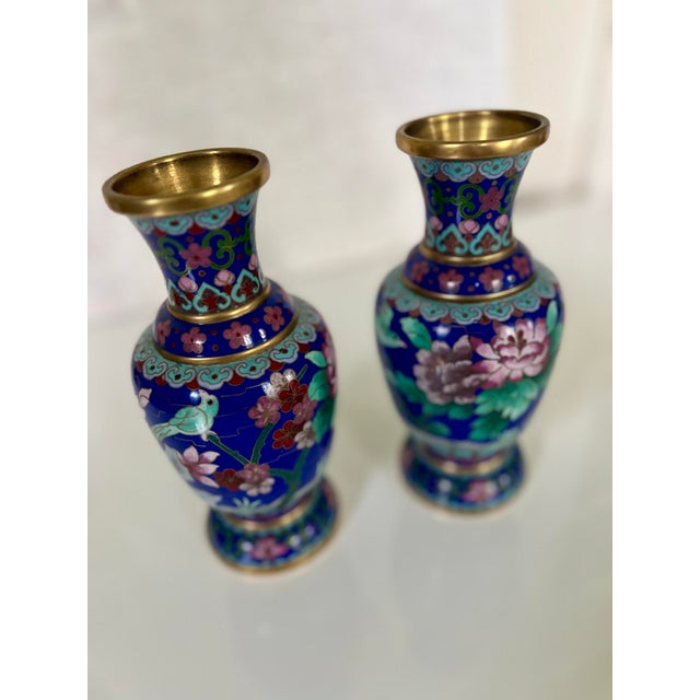 Pair of Mid-Century Cloisonné Bud Vases, Cobalt Blue With Bird and Blossom Motif For Sale - Image 9 of 12