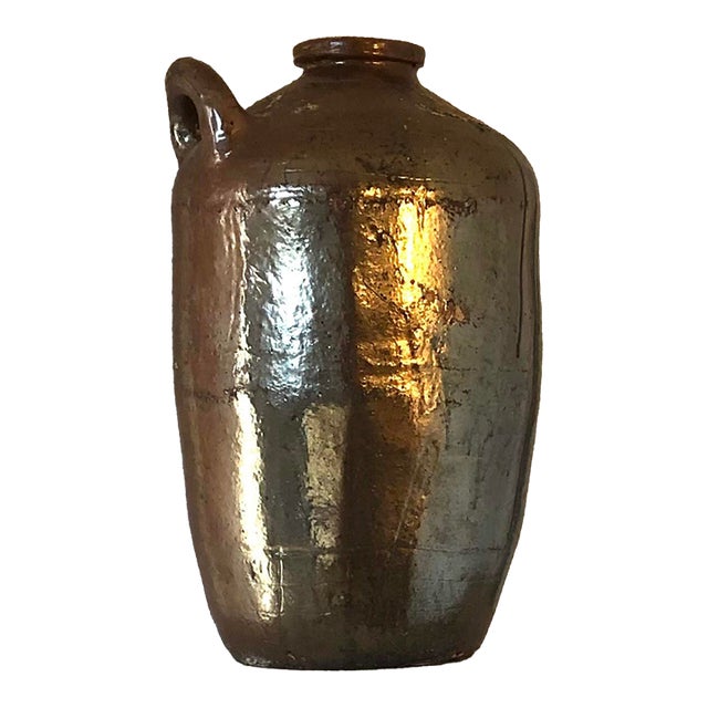 Monumental Antique Primitive Brown Stoneware Jug With Handle For Sale