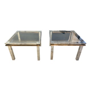 Pair of MCM Polished Steel & Brass Side, Accent, or Coffee Tables For Sale