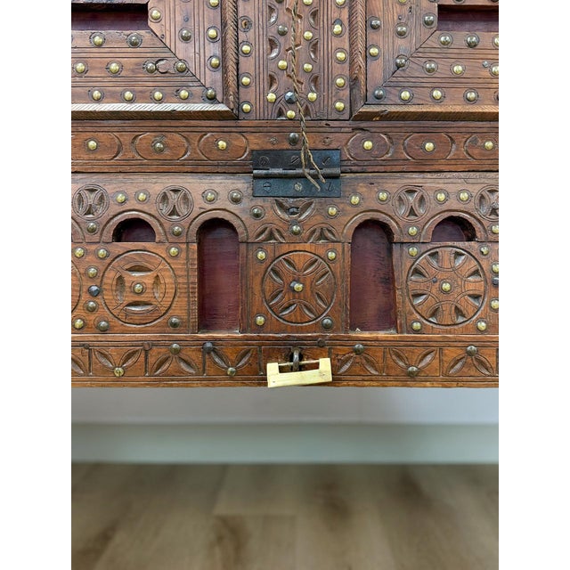 Brown Antique Indian Dowry Chest 19th Century Brass Studs Iron Medieval Style Console For Sale - Image 8 of 12