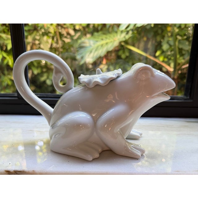 Gorgeous vintage London Pottery white glazed frog shaped teapot designed by David Birch, featuring a glossy white ceramic...