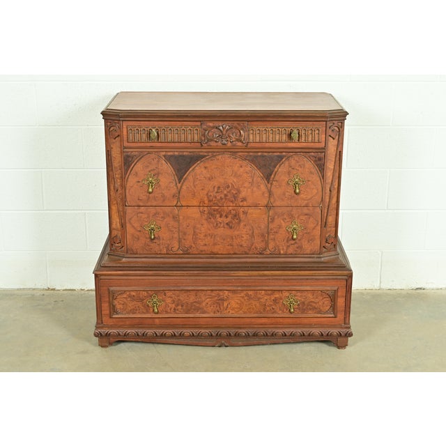 Victorian Berkey & Gay Style Antique Victorian Carved Walnut and Burl Wood Chest of Drawers | Circa 1930s For Sale - Image 3 of 15