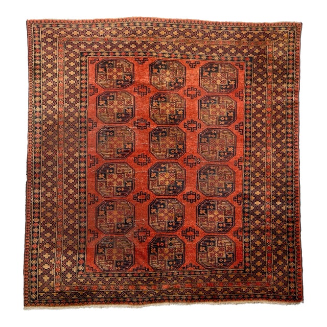 Ersari Burnt Orange, Copper, Rust, Camel & Indigo Square Rug - 8.7 x 9.2 For Sale