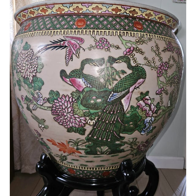 Mid 20th Century Chinese Fish Bowl Planter Monumental Pot, Ebony Stand - Porch, Patio, Sunroom, Decor Centerpiece For Sale - Image 5 of 7