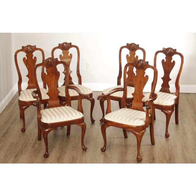 High Quality American Made Set of Six Custom Upholstered Mahogany Dining Chairs with Carved Back Splats