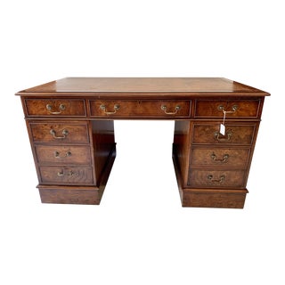 Georgian Double Pedestal Burl Mahogany Partner Desk For Sale