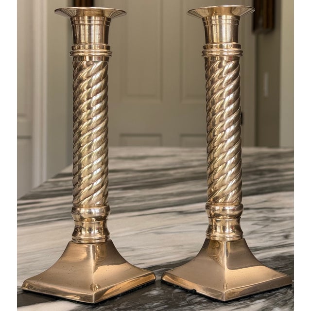 Brass Ralph Lauren Style Solid Brass Candle Sticks - A Pair For Sale - Image 8 of 14