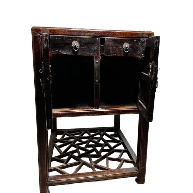 Antique Chinese Wood Cabinet With Decorative Fretwork Cracked Ice on Base For Sale In Chicago - Image 6 of 12