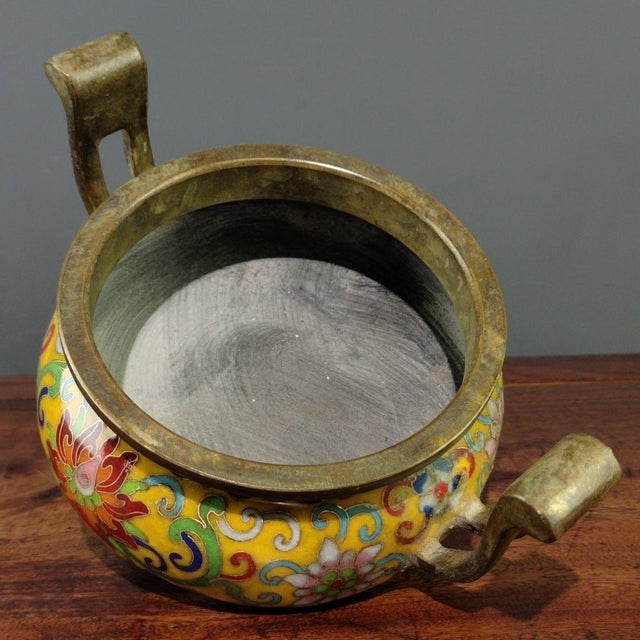 Chinoiserie Vintage Yellow Ground Cloisonne Enamel Bronze Censer, Two-Handle Tripod Incense Burner For Sale - Image 3 of 9