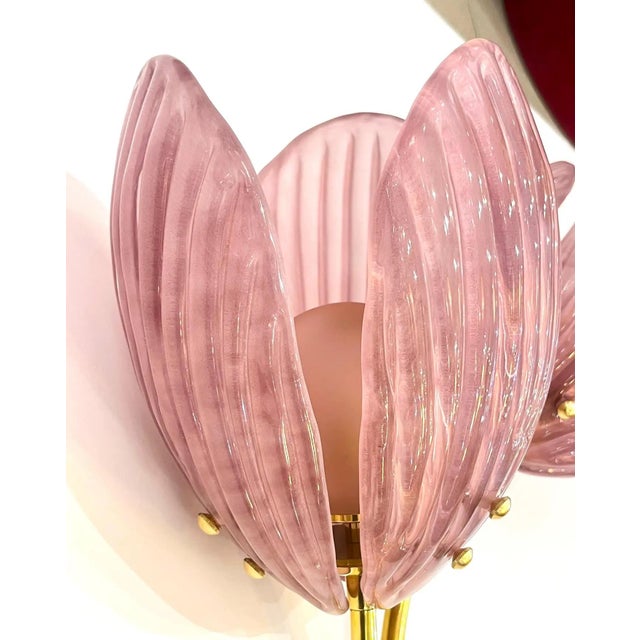 Contemporary Italian 2-Branch Pink Murano Glass Tulip Flower Gold Brass Sconces - a Pair For Sale - Image 4 of 10