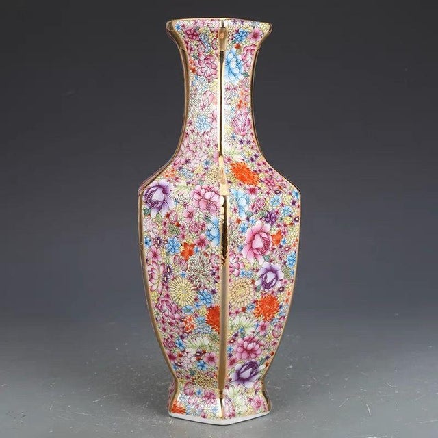 Exquisite Chinese "Millefleur" Hexagonal Porcelain Vase With Gilt Accents For Sale - Image 4 of 5