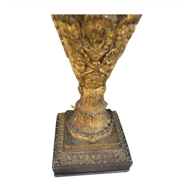 1990s John Richard Antiqued Gilt Ornate Plaster Trophy Table Lamp With Original Silk Shade For Sale - Image 5 of 7