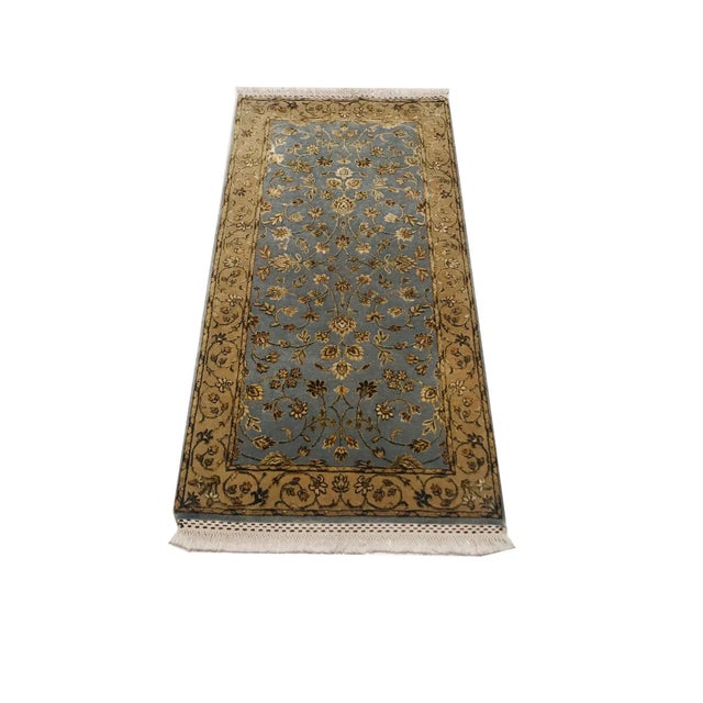 Blue and Gold Yellow Wool & Silk Handmade Jaipur Carpets, 1984, Set of 2, in Flawless conditions. Designed 1980 to 1989