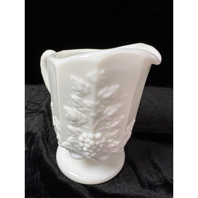 Farmhouse Westmoreland Milk Glass Creamer Pitcher Paneled Grape Pattern Footed For Sale - Image 3 of 8