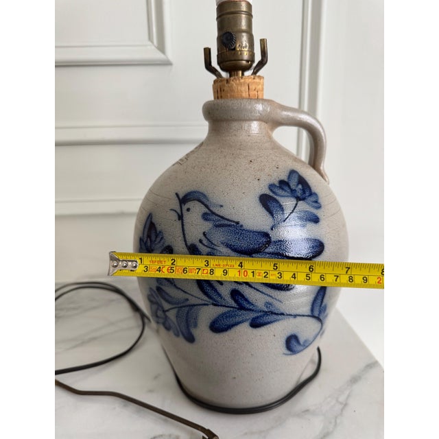 Vintage Rowe Pottery Works Salt Glazed Stoneware Cobalt Blue Bird Jug Table Lamp 25" For Sale - Image 17 of 18