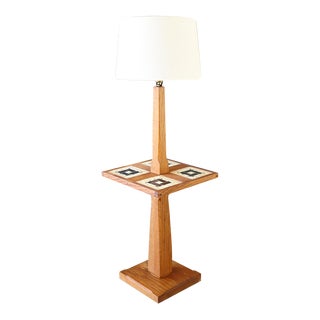 Vintage Brandt Ranch Oak Style Wood and Tile Top Table Lamp Mid Century Rustic Western Southwestern For Sale