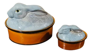 Portuguese Majolica Grey Rabbits Tureens- Set of 2