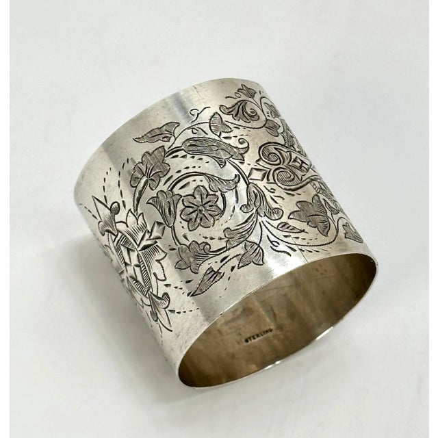 Oversize Beautifully Hand Engraved Antique American Victorian Sterling Silver Napkin Ring - Circa 1870s For Sale In Boston - Image 6 of 12