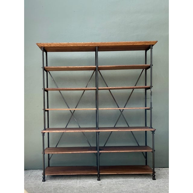 Mid-Century Modern Vintage French Plank Wood and Metal Industrial Bookshelf For Sale - Image 3 of 12