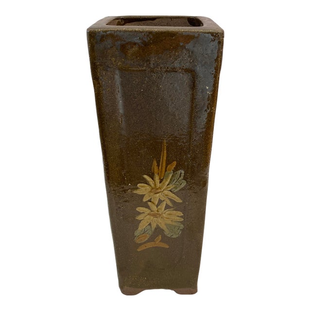Tall Mid-Century Chinese Glazed Earthenware Floor Vase or Planter With Floral Motif For Sale