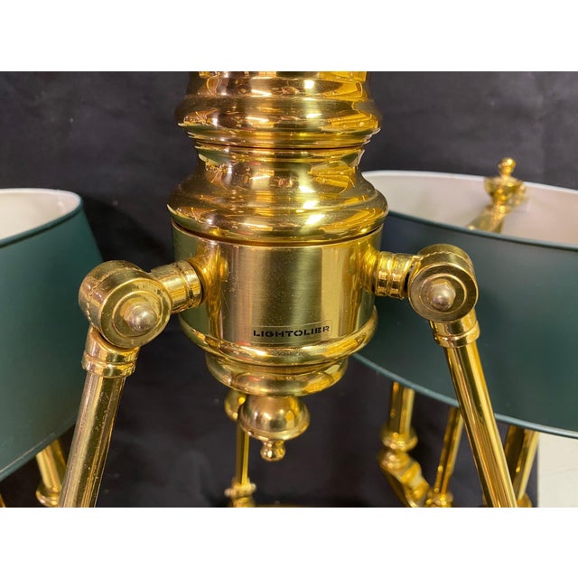1980s Bouillotte Style Brass 3 Arm Chandelier With Green Tole Shades by Lightolier For Sale - Image 15 of 16