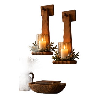 Mid-Century Primitive Rustic Brown Wood Wall-Mounted Shelf Sconces – Pair For Sale