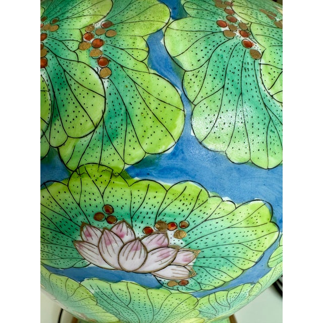 Single Chinese Green Lotus Flower Porcelain Table Lamp For Sale - Image 13 of 18