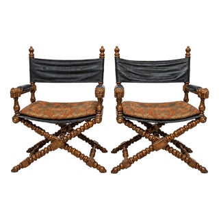 Campaign Style Leather Carved Bobbin X-Frame Director Chairs Att. Marge Carson - Pair For Sale