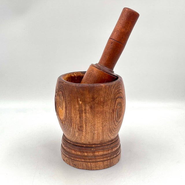 Wood Antique French Turned Wood Primitive Industrial Apothecary Mortar and Pestle or Planter For Sale - Image 7 of 11
