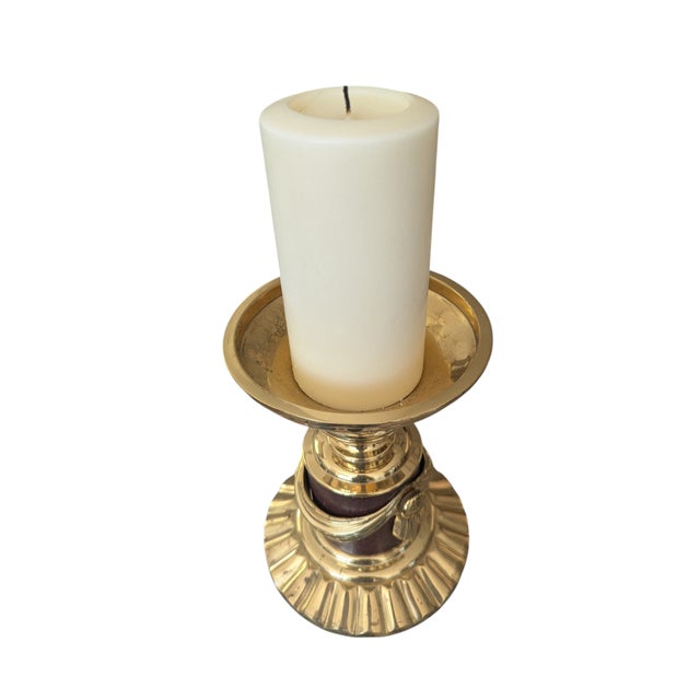 Vintage Solid Brass Swag Tassel Altar Pillar Candle Holder For Sale - Image 11 of 12