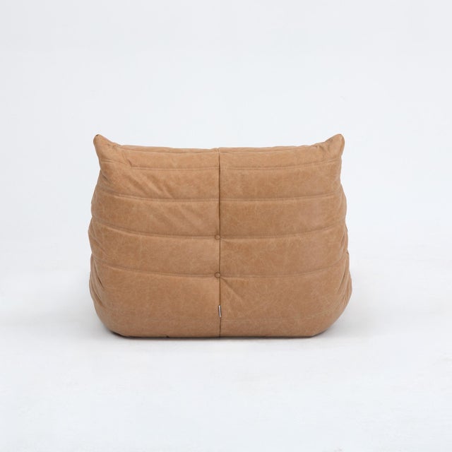 Restored Vintage Ligne Roset Togo Chair and Ottoman in Raw Sienna Leather For Sale - Image 14 of 15