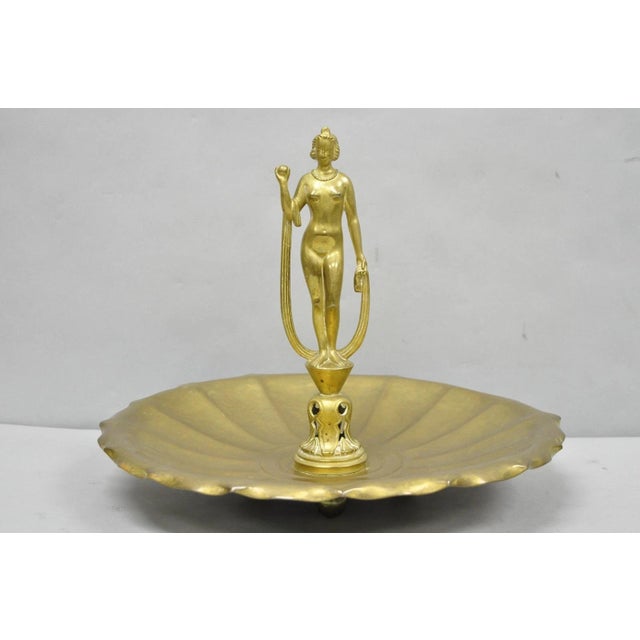 Vintage Art Nouveau Brass Figural Nude Woman Centerpiece Compote Dish Bowl. Circa Mid 20th Century. Measurements: 12" H x...