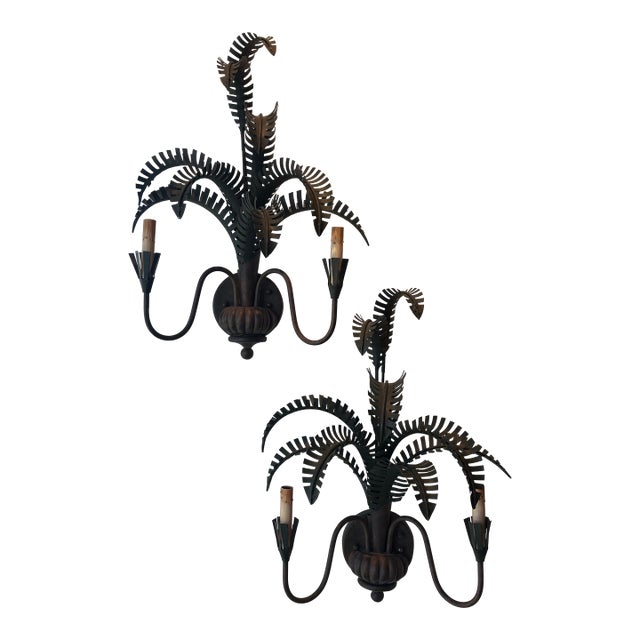 Vintage Pair Palm Tree Frond Leaf Wall Light Sconces Metal Tole Tropical Coastal For Sale