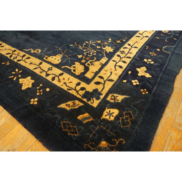 Navy Blue 1900s Floral Deco Blue Navy Antique Chinese Peking Room Size Knotted Wool Rug For Sale - Image 8 of 11